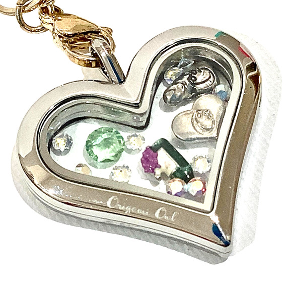Origami Owl Large Silver Hinged Heart Locket Crystals Sister Charm Gold Chain - Picture 5 of 6
